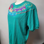 Koret Francisca Shirt Green Embroidered 80s Shoulder Pads Vintage Womens M Tribe