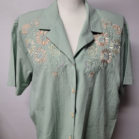 Teddi Vintage Blouse Shirt Green Lightweight Shoulder Pads Womens Large Granny
