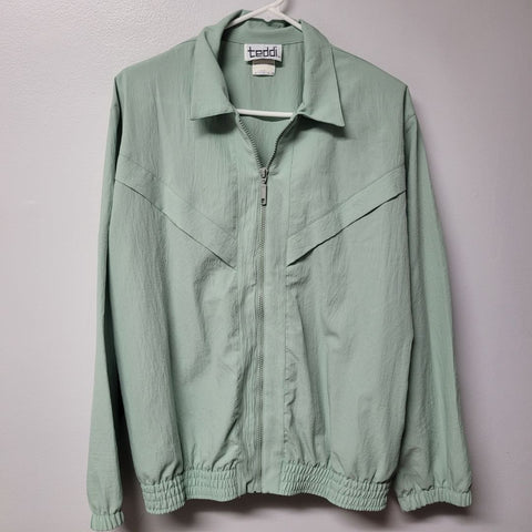 Teddi Vintage Jacket Green Lightweight Zipper Shoulder Pads Womens Large Granny