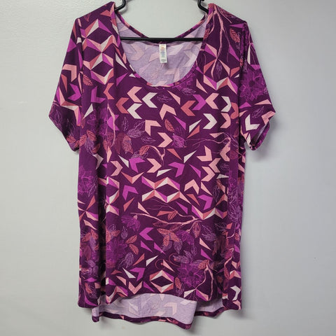 Lularoe Top Shirt Short Sleeved Purple Pink Geometric Leaves Womens 2XL Classic