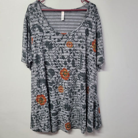 Lularoe Shirt Top Womens Plus 3XL Gray Stripes Flowers Roses Tunic Comfortable