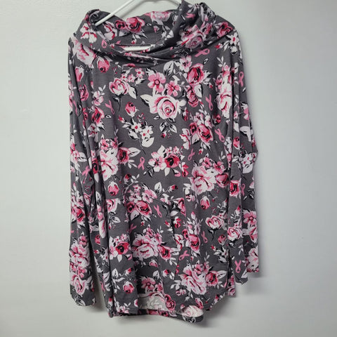 Lularoe Hoodie Shirt Long Sleeve Gray Roses Pink Ribbon Cancer Aware Womens 3XL