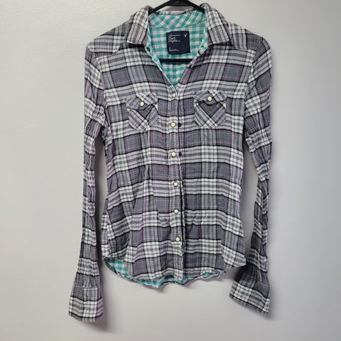 American Eagle Outfitters Plais Shirt Snap Pockets Women's Size 4 Small Gray