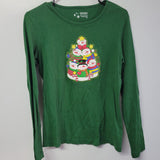 Snowman Glitter Long Sleeve Tee Shirt Winter Christmas Dark Green Womens Small