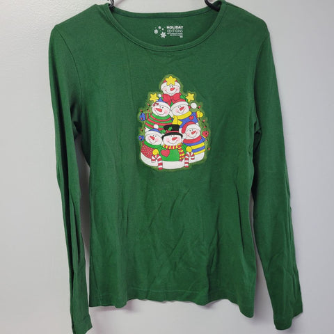 Snowman Glitter Long Sleeve Tee Shirt Winter Christmas Dark Green Womens Small