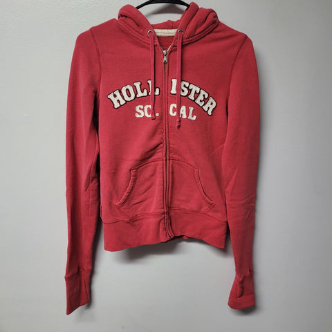 Hollister So Cal Full Zip Cropped Hoodie Sweatshirt Red Pink Womens Junior L