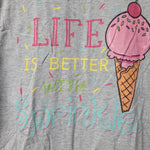 Life Better Sprinkles Tee Shirt Ice Cream Waffle Cone Girls XL Gray Basic School