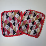 Handmade Hotpads Lace Doily Edge Sewn Pair Red Black 7 x 5.5 Inches Grannycore