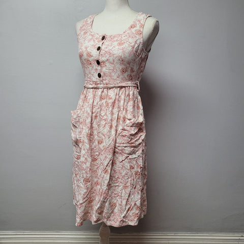 Monteau Dress Pink Floral A Line Belted Elastic Waist Button Front Womens XS
