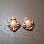 Clip On Earrings Faux Pearl Filigree Design Vintage Gold Tone Classy 1 Inch