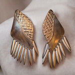 Tribal Brass Dangly Earrings Textured Design Fringe Vintage Large Metal