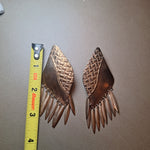 Tribal Brass Dangly Earrings Textured Design Fringe Vintage Large Metal