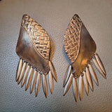 Tribal Brass Dangly Earrings Textured Design Fringe Vintage Large Metal