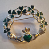 Sol d'or Claddagh Brooch Pin Green Enamel Shamrocks Celtic Love Knot Silver Tone