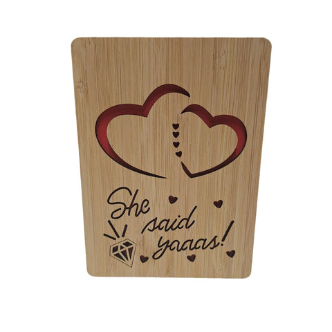 Handcrafted Bamboo Engagement Card With Sweet Hearts Design Wooden She Said Yes