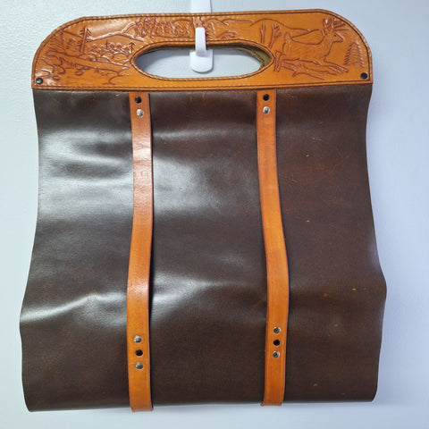Leather Wood Carrier Holder Embossed Design Dual Handles Deer Cabin Rustic 17 x 40 Inches