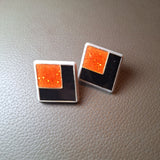 Square Retro Geometric Stud Earring Sparkling Orange Black Design 1 Inch Diamond