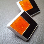 Square Retro Geometric Stud Earring Sparkling Orange Black Design 1 Inch Diamond