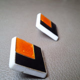 Square Retro Geometric Stud Earring Sparkling Orange Black Design 1 Inch Diamond