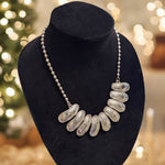 Statement Necklace Beaded Chain Embellished Oval Pendants Hammered Metal Costume