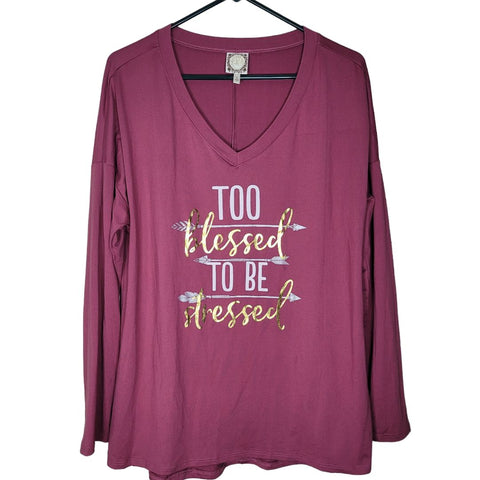 Tru Self Too Blessed to be Stressed Pink Shirt Womens Large Gold Sparkle Arrows