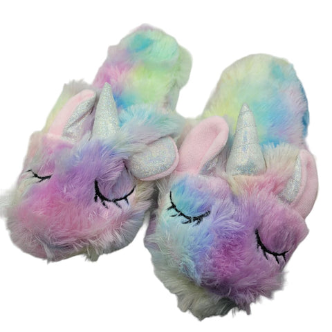 Unicorn Slippers Fluffy Rainbow Soft Slip On Ears Horn Eyes Fuzzy Comfy Lounge