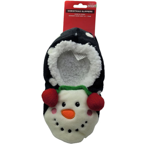 Snowman Christmas Slippers Earmuffs Soft Non Skid Bottom Fluffy Womens 7 8