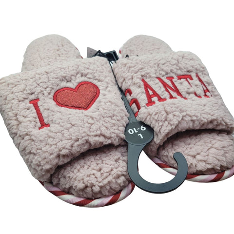 Slippers I Love Santa Memory Foam Pink Red Heart Womens L 9 10