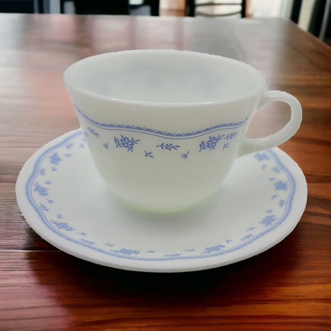 Pyrex Corelle By Corning Blue Flower Teacup Saucer Set White Glass Coffee