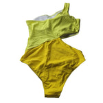 Yellow One Shoulder Swimsuit Block Colors Cutout Side Womens Large Neon Bright