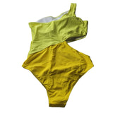 Yellow One Shoulder Swimsuit Block Colors Cutout Side Womens Large Neon Bright