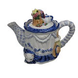 Avon Teapot Country Cat Blue White Vtg Basket Floral Cottagecore Countrycore