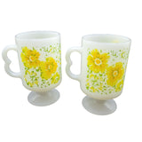 Correlle Cup Mug Set of 2 Yellow Floral Milk Glass Flowers Footed Finger Handle