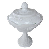 White Milk Glass Pedestal Grape Leaf Design Candy Dish Lid 10 Inch Tall Large