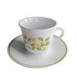 Corelle by Corning Teacup Saucer Strawberry Sundae Flower Set White Green Glass