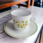 Corelle by Corning Teacup Saucer Strawberry Sundae Flower Set White Green Glass