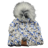 Girls Knit Winter Hat Faux Fur Pom Little Yoopers White Blue Gray Youth Michigan