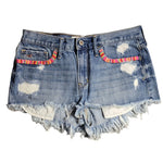 Hollister Embroidered Shorts Booty Colorful Blue Denim Jean Fringe Womens 7