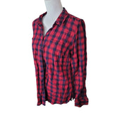 St Johns Bay Plaid Button Down Up Red Womens Large Long Sleeve Collar Fall