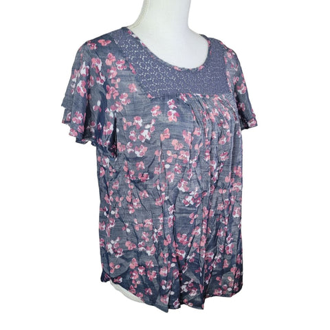 Liz Claiborne Petite Large Ladies Lace Neckline Gray Pink Floral Womens PL