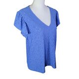 Michael Kors Eyelet Lace Ruffle Short Sleeve Blue Womens Large V Neck Floral