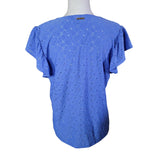 Michael Kors Eyelet Lace Ruffle Short Sleeve Blue Womens Large V Neck Floral