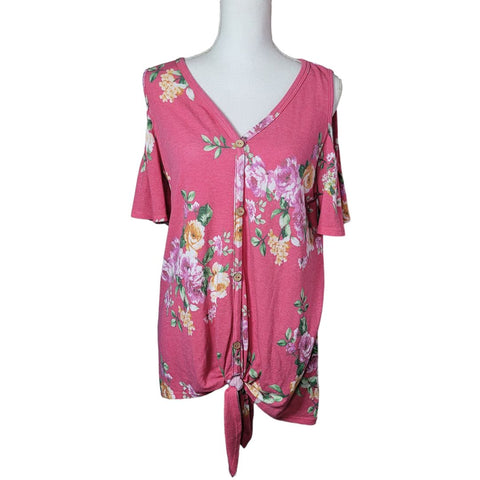 First Love Pink Floral Cold Shoulder Lovelyn Button Tie Front Womens Large