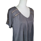 Kori Short Sleeved Shirt Gray Gold Womens Large Eyelet Lace Detail Embellishment