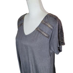 Kori Short Sleeved Shirt Gray Gold Womens Large Eyelet Lace Detail Embellishment