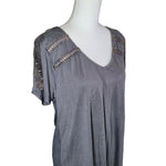 Kori Short Sleeved Shirt Gray Gold Womens Large Eyelet Lace Detail Embellishment