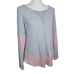 Maurices Waffle Shirt Long Sleeve Gray Pink V Neck Lace Up Womens Size Medium