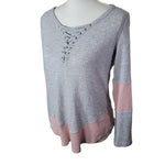 Maurices Waffle Shirt Long Sleeve Gray Pink V Neck Lace Up Womens Size Medium