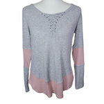 Maurices Waffle Shirt Long Sleeve Gray Pink V Neck Lace Up Womens Size Medium