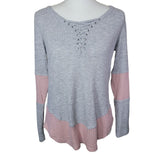 Maurices Waffle Shirt Long Sleeve Gray Pink V Neck Lace Up Womens Size Medium